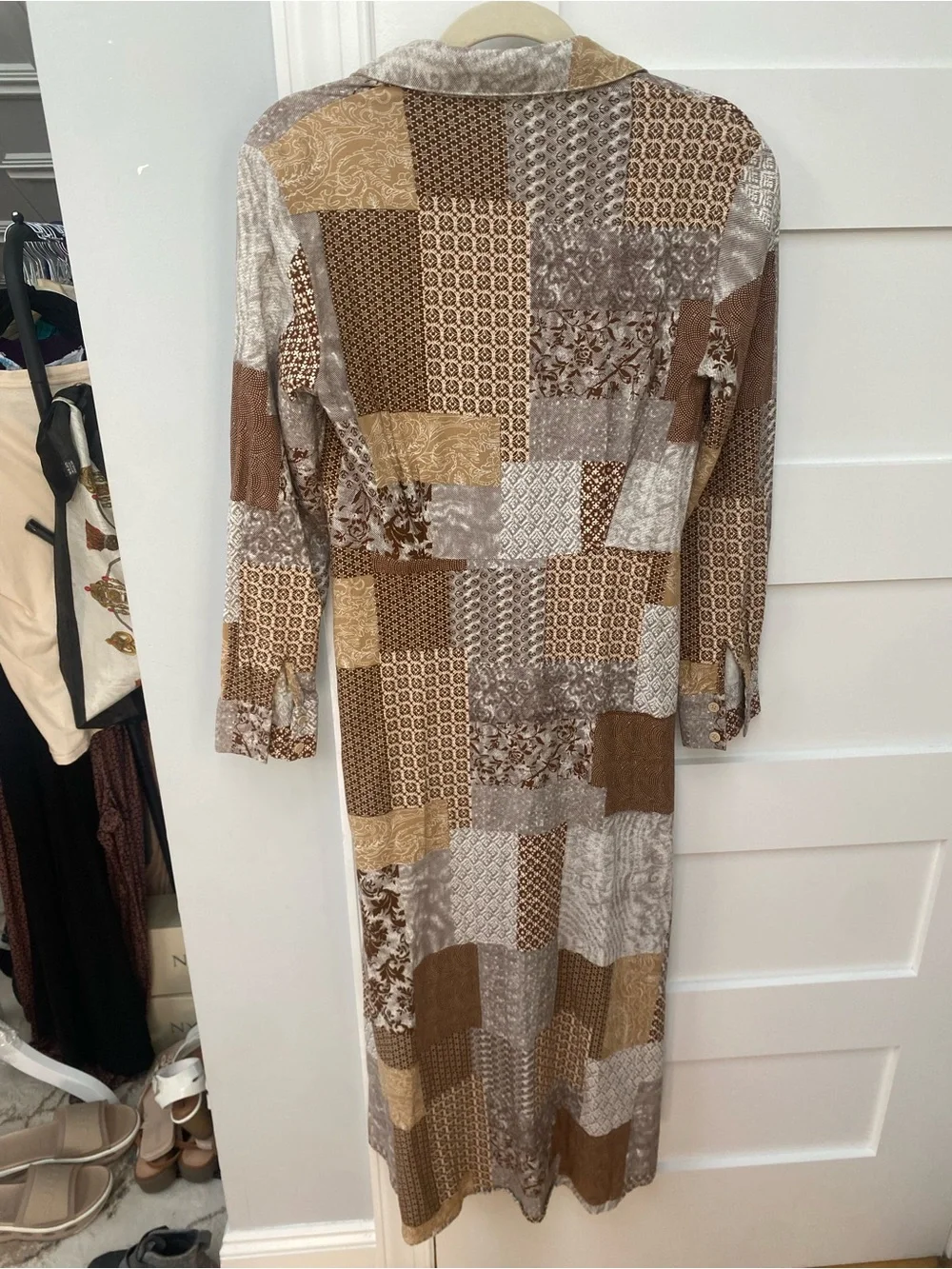 Story cotton Patchwork Print Button-Front Midi Dress in Brown Cream size small